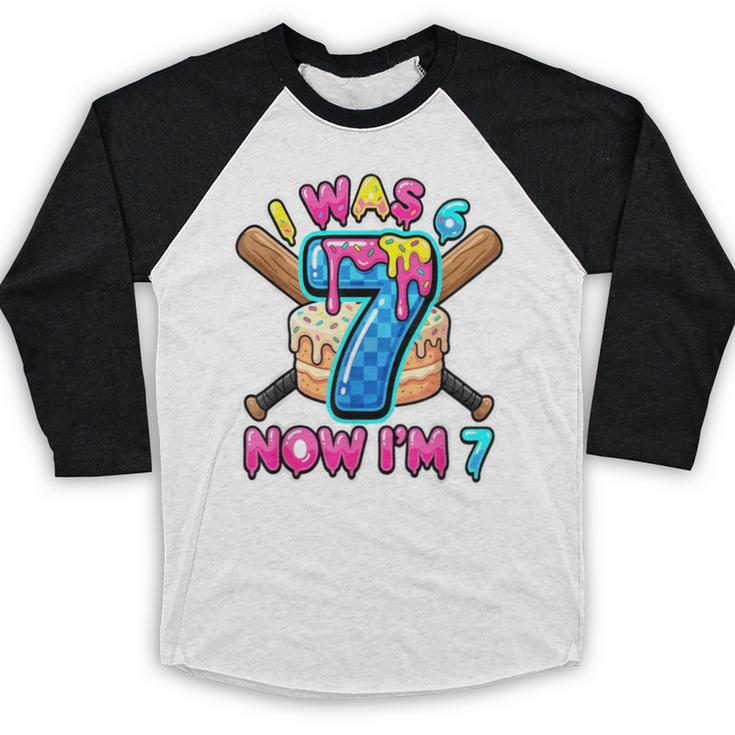 Blue Checkered I Was 6 Now I'm 7 Birthday Cake Baseball Drip Baseball Raglan Shirt Blue Checkered I Was 6 Now I'm 7 Birthday Cake Baseball Drip Baseball Raglan Shirt