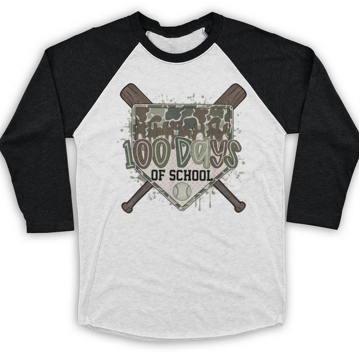 Camo 100 Days Of School Baseball Home Plate Drip Boy Kids Baseball Raglan Shirt