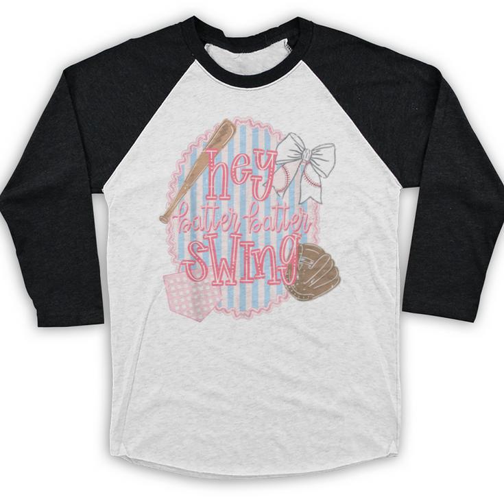 Hey Batter Batter Swing Baseball Game Day Coquette Bow Girly Baseball Raglan Shirt Hey Batter Batter Swing Baseball Game Day Coquette Bow Girly Baseball Raglan Shirt