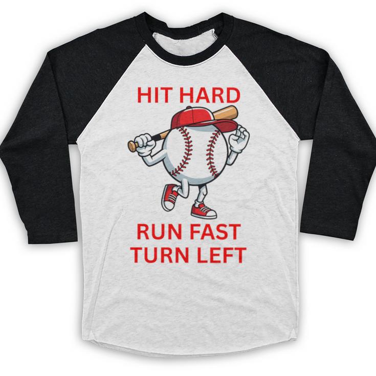 Hit Hard Run Fast Turn Left Baseball Player Premium Tri-Blend Baseball Raglan Shirt