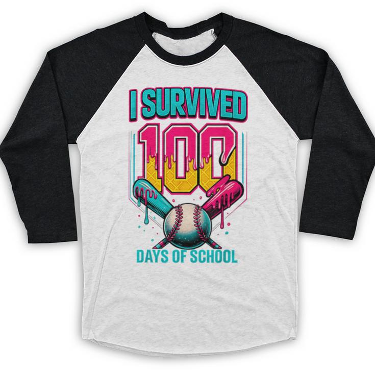 HUGvyn I Survived 100 Days Baseball Teacher Ice Cream Drip Baseball Raglan Shirt