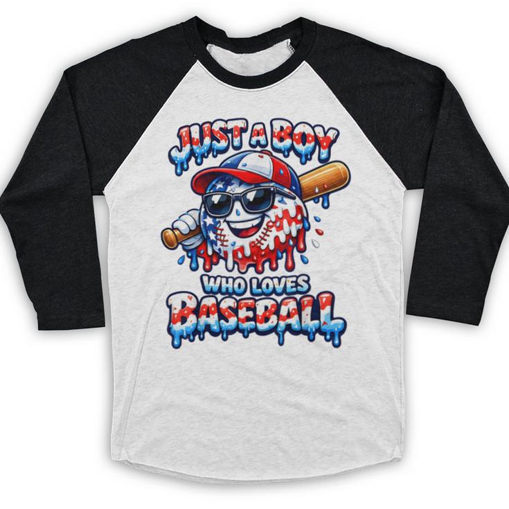 Just A Boy Who Loves Baseball Patriotic Drip For Youth Boys Baseball Raglan Shirt