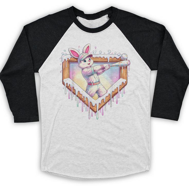 Kids Happy Easter Bunny Playing Baseball Boy Ice Cream Drip Baseball Raglan Shirt