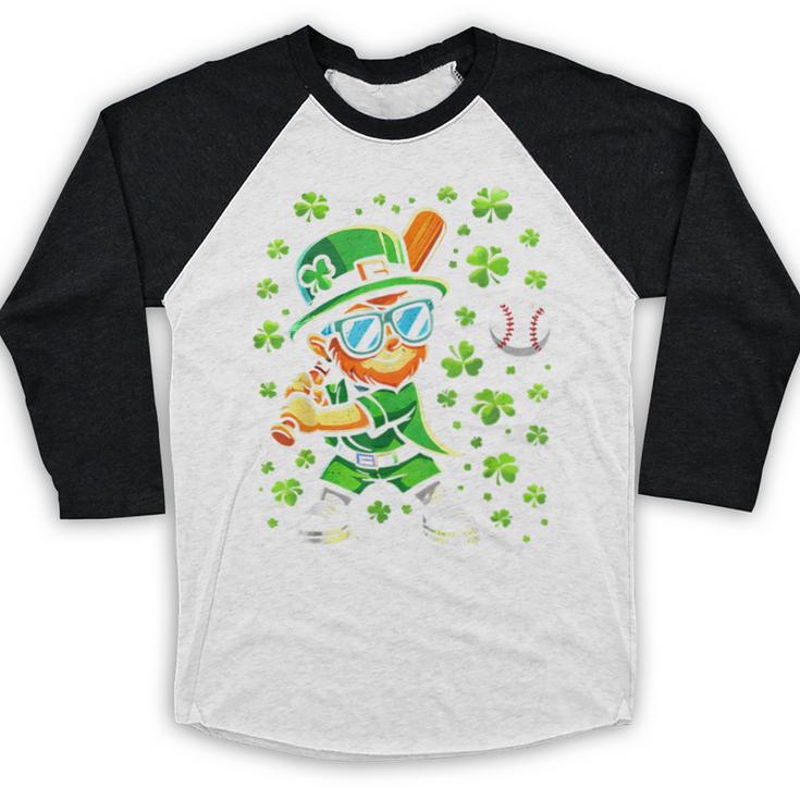 Leprechaun Playing Baseball Happy St Patricks Day Men Boys Baseball Raglan Shirt