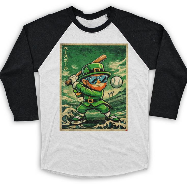Leprechaun Playing Baseball Japanese Art St Patricks Day Baseball Raglan Shirt Leprechaun Playing Baseball Japanese Art St Patricks Day Baseball Raglan Shirt