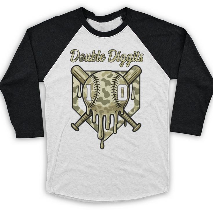 Old School Camo Baseball Drip Double Digits 10th Birthday Baseball Raglan Shirt