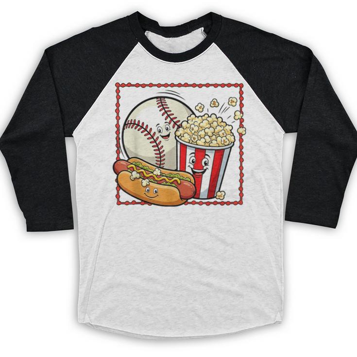 Smiling Baseball Popcorn And Hot-Dog Cartoon Apparel Baseball Raglan Shirt