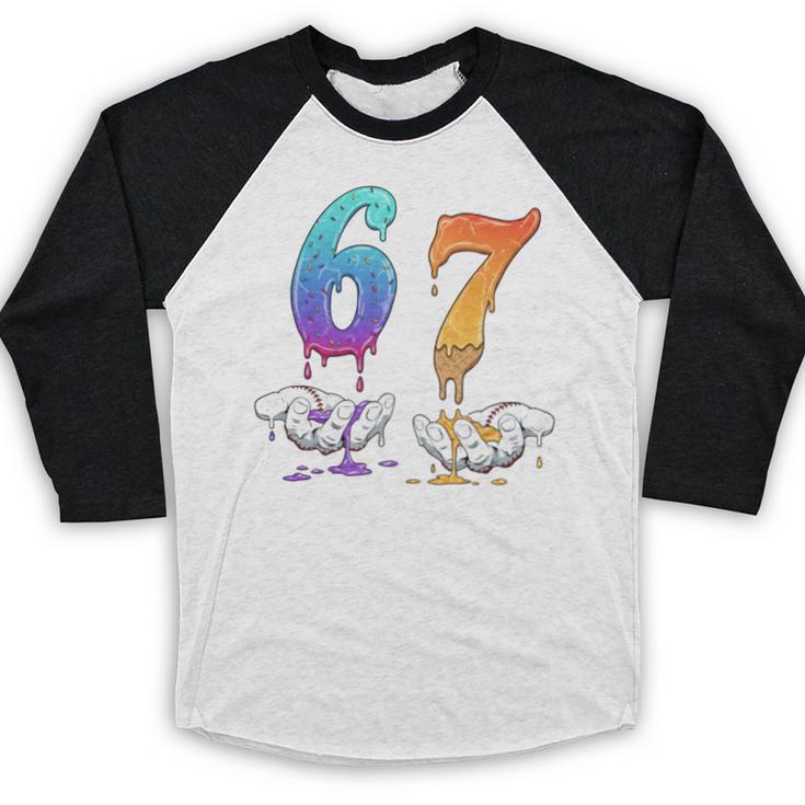 67 Meme Baseball Kids Girls Humor Number 6 7 Baseball Raglan Shirt