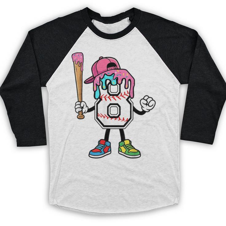 8th Birthday Baseball Ice-Cream Drip 8 Years Old Boys Girls Baseball Raglan Shirt