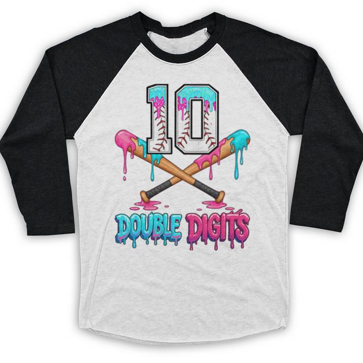 Baseball 10 Year Old Ice Cream Drip 10th Bday Double Digits Baseball Raglan Shirt