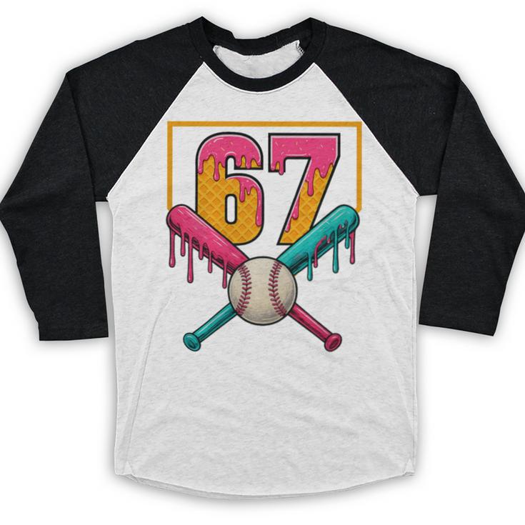 Baseball Ice Cream Drip Number 67 Player 67th Birthday Premium Tri-Blend Baseball Raglan Shirt