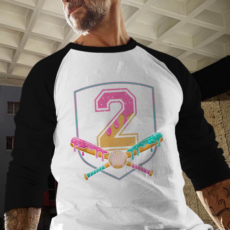 2nd Birthday Baseball Bat Ice-Cream Drip 2yrs Old Boys Kids Baseball Raglan Shirt