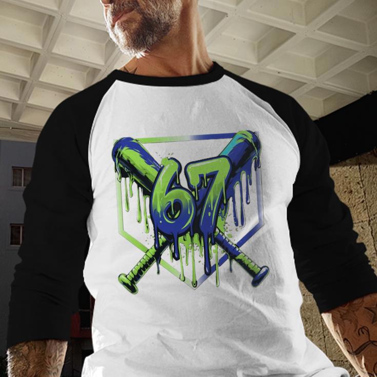67 Baseball Drip Effect Urban Tee Style 6-7 Meme Graphic Premium Tri-Blend Baseball Raglan Shirt