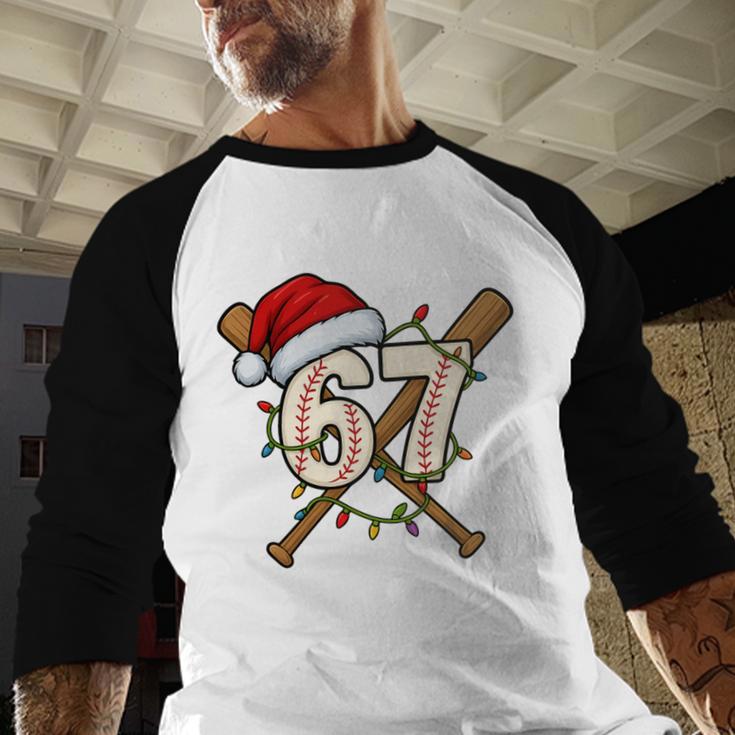 67 Baseball Xmas Lights Santa Hat Holiday Baseball Raglan Shirt
