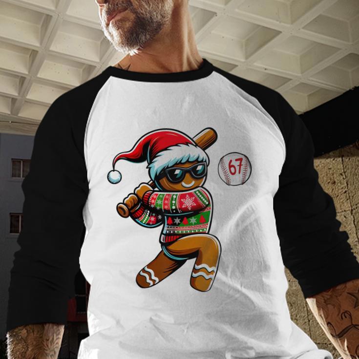 67 Gingerbread Man Playing Baseball Christmas 6 7 Meme Baseball Raglan Shirt