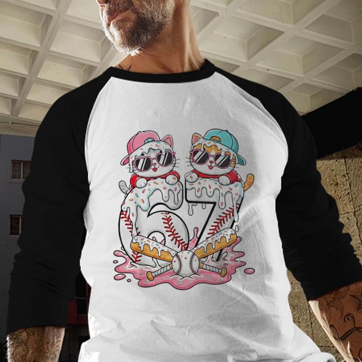 67 Meme Kawaii Cats Baseball Ice Cream Drip 6 7 Kids Baseball Raglan Shirt