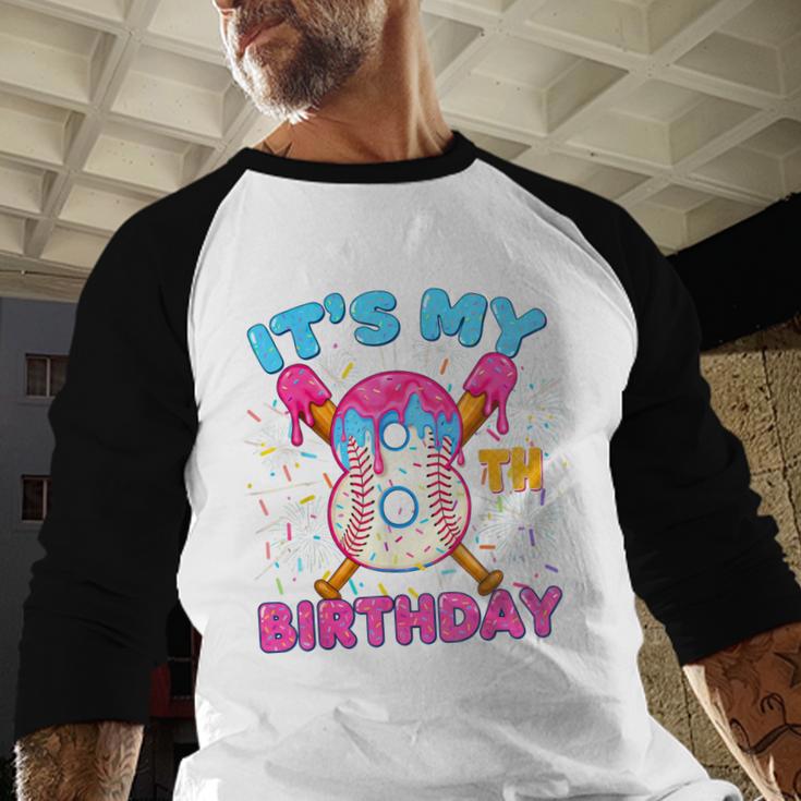 8th Birthday Baseball 8 Year Old Ice Cream Drip Boy Baseball Baseball Raglan Shirt