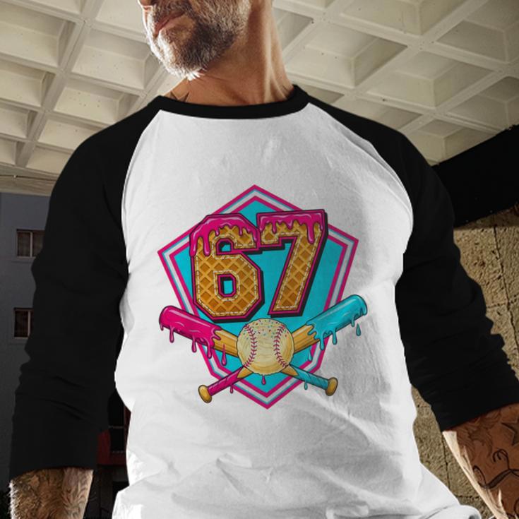 Baseball Drip Jersey Number 67 For Players & 67th Birthday Premium Tri-Blend Baseball Raglan Shirt