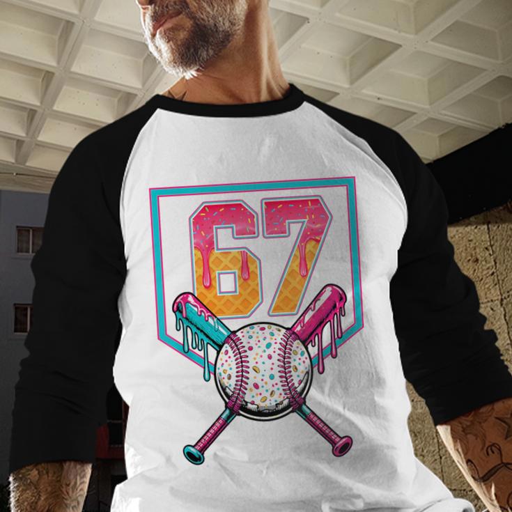 Baseball Ice Cream Drip Number 67 Player 67th Birthday Men Baseball Raglan Shirt