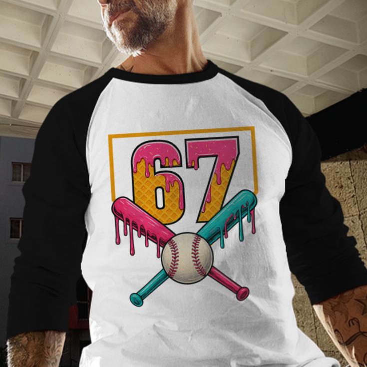 Baseball Ice Cream Drip Number 67 Player 67th Birthday Premium Tri-Blend Baseball Raglan Shirt Baseball Ice Cream Drip Number 67 Player 67th Birthday Premium Tri-Blend Baseball Raglan Shirt