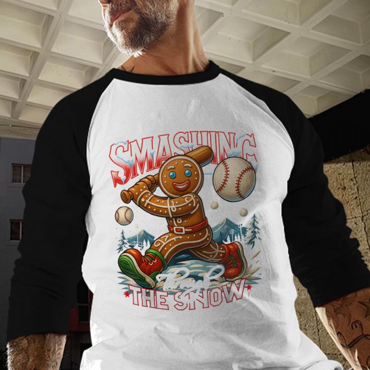 Baseball Player Christmas Gingerbread Smashing Through Snow Baseball Raglan Shirt