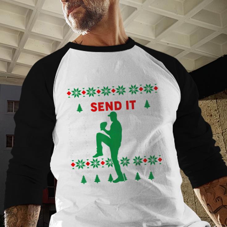 Baseball Player Christmas Pajama Send It Xmas PJs Boys Baseball Raglan Shirt