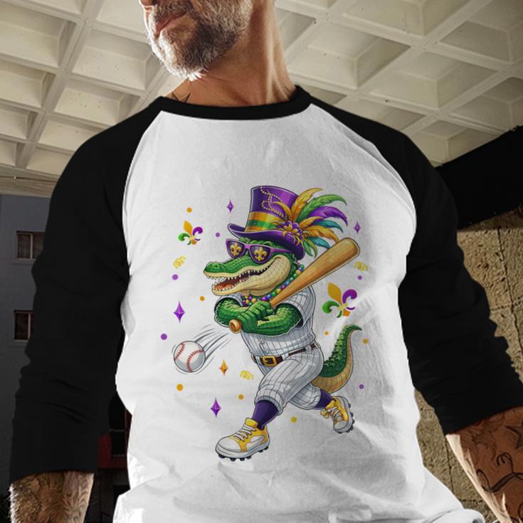 Baseball Player Mardi Gras Alligator Carnival Costume Beads Baseball Raglan Shirt