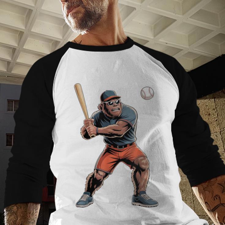 Bigfoot Playing Baseball Boys Kids Men Baseball Player Baseball Raglan Shirt