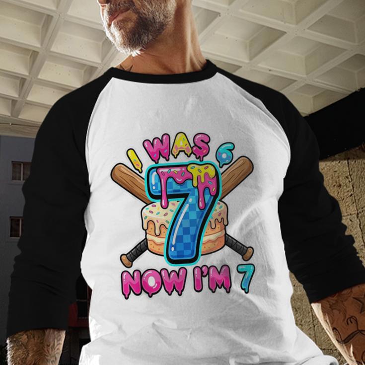 Blue Checkered I Was 6 Now I'm 7 Birthday Cake Baseball Drip Baseball Raglan Shirt Blue Checkered I Was 6 Now I'm 7 Birthday Cake Baseball Drip Baseball Raglan Shirt