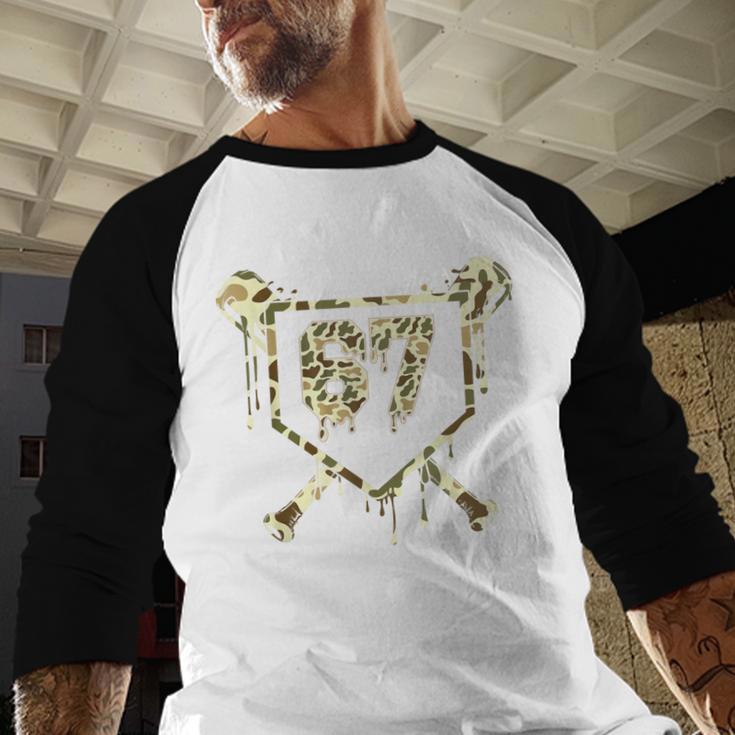 Camo Baseball Ice Cream Drip Number 67 Player 67th Birthday Baseball Raglan Shirt