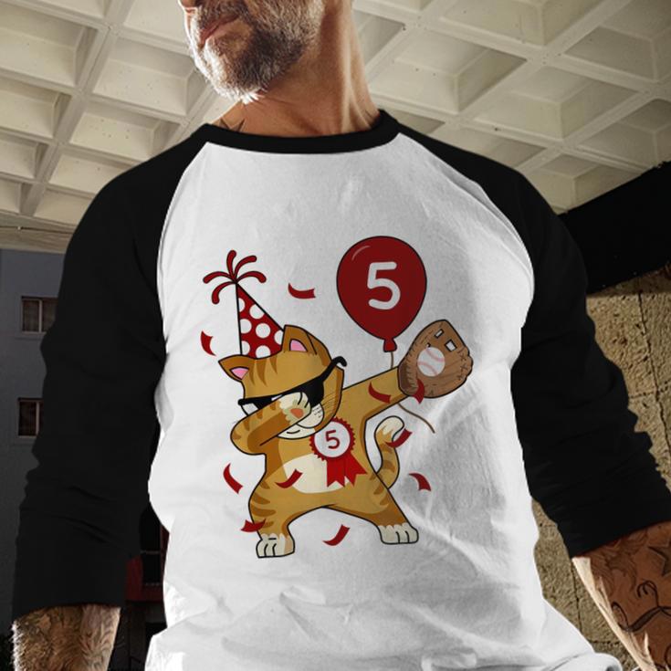 Dabbing Cool Cat Baseball 5th Birthday Baseball Raglan Shirt
