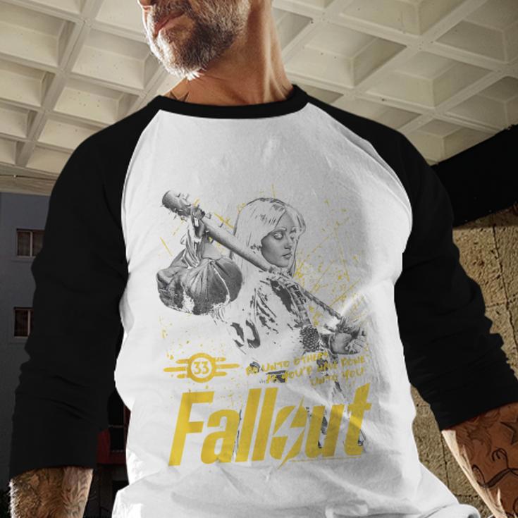 Fallout TV Series Lucy Do Unto Others Baseball Bat Gamer Baseball Raglan Shirt Fallout TV Series Lucy Do Unto Others Baseball Bat Gamer Baseball Raglan Shirt