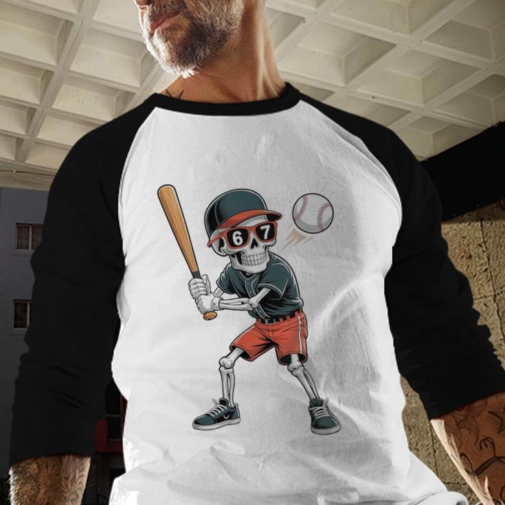 Halloween Skeleton Playing Baseball 67 Six Seven Meme Baseball Raglan Shirt Halloween Skeleton Playing Baseball 67 Six Seven Meme Baseball Raglan Shirt