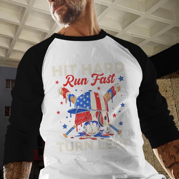 Hit Hard Run Fast Turn Left Baseball Cream Drip Crossed Bats Baseball Raglan Shirt