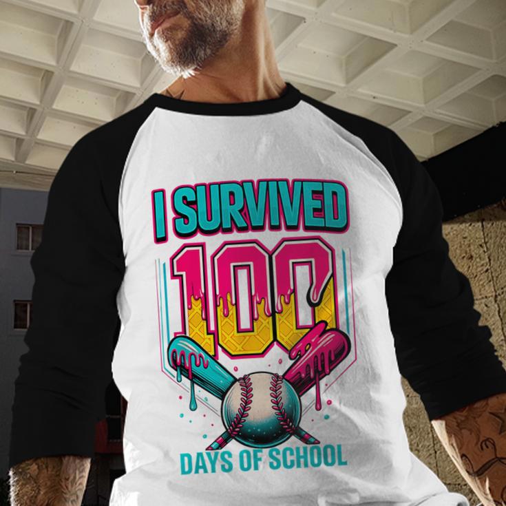 HUGvyn I Survived 100 Days Baseball Teacher Ice Cream Drip Baseball Raglan Shirt