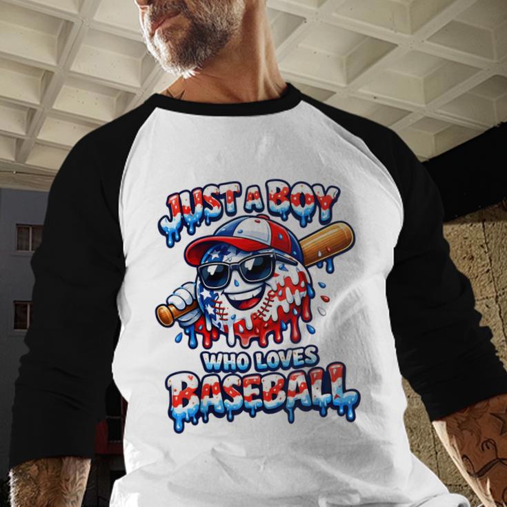 Just A Boy Who Loves Baseball Patriotic Drip For Youth Boys Baseball Raglan Shirt