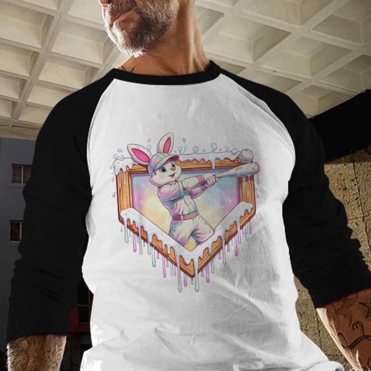 Kids Happy Easter Bunny Playing Baseball Boy Ice Cream Drip Baseball Raglan Shirt