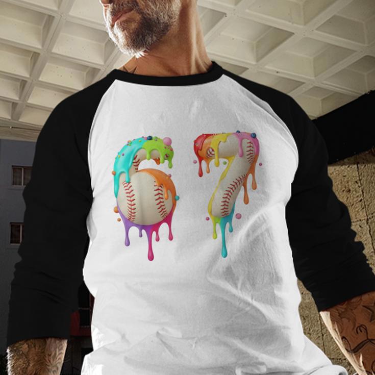 Kids Meme 67 Number Six 6 Seven 7 Ice Cream Drips Baseball Baseball Raglan Shirt Kids Meme 67 Number Six 6 Seven 7 Ice Cream Drips Baseball Baseball Raglan Shirt