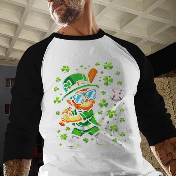 Leprechaun Playing Baseball Happy St Patricks Day Men Boys Baseball Raglan Shirt