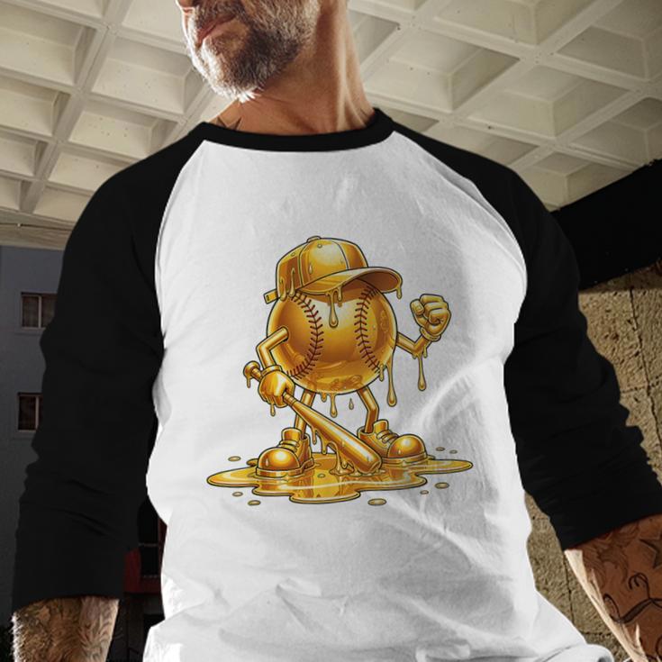 Melting Baseball Mascot Slugger Bat Cap Cartoon Baseball Raglan Shirt