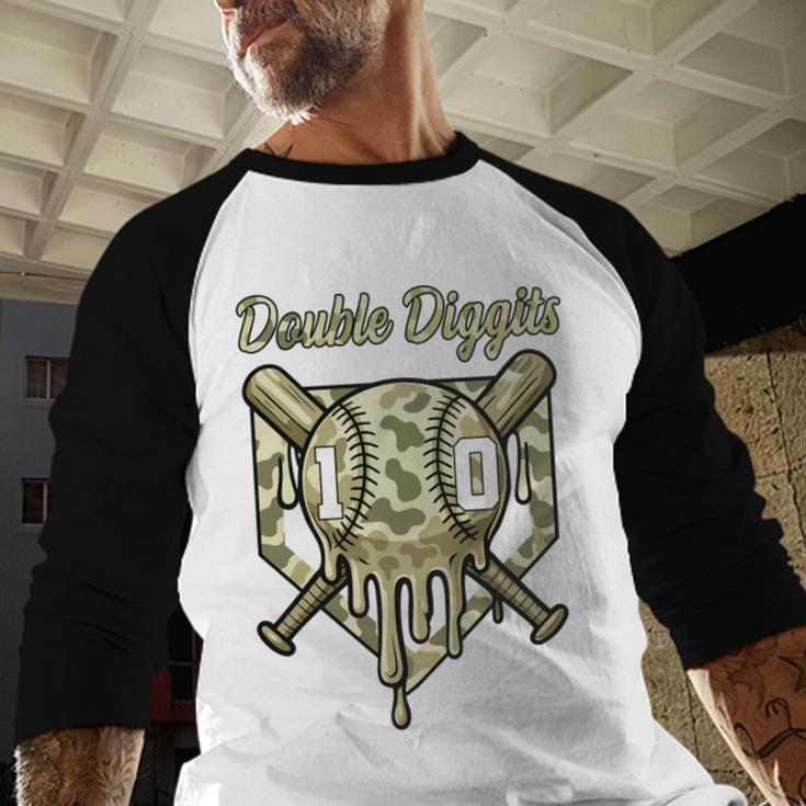 Old School Camo Baseball Drip Double Digits 10th Birthday Baseball Raglan Shirt