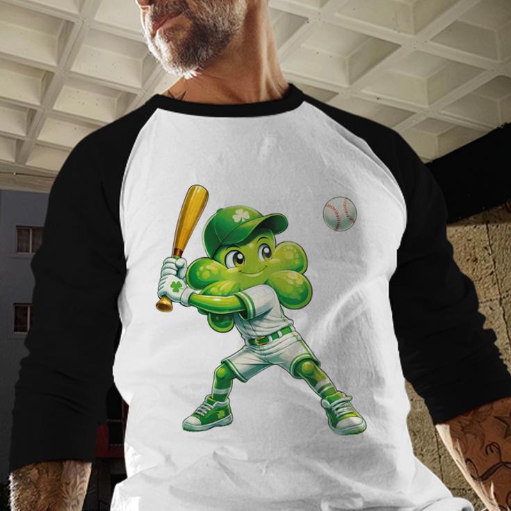 Shamrock Playing Baseball St Patricks Day Men Boys Kid Baseball Raglan Shirt