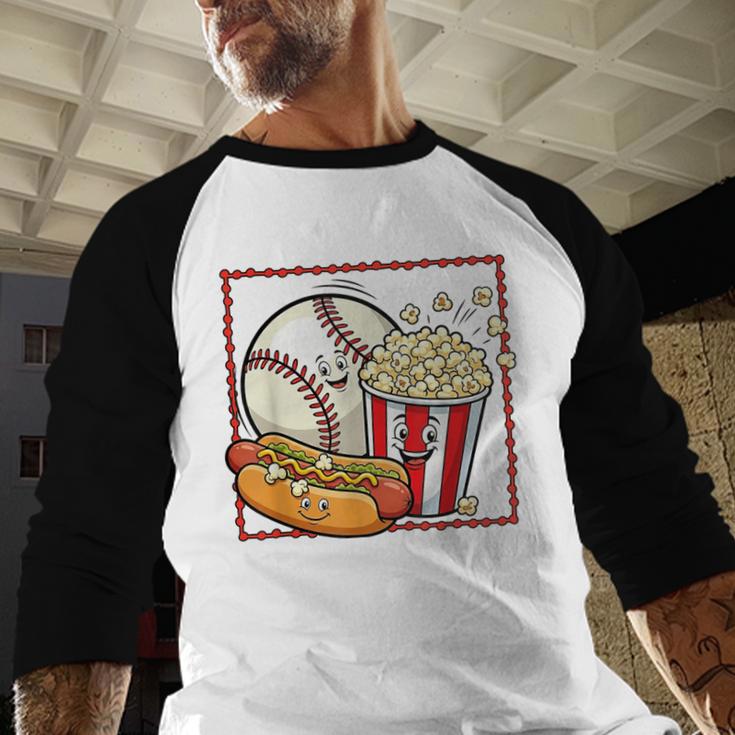 Smiling Baseball Popcorn And Hot-Dog Cartoon Apparel Baseball Raglan Shirt