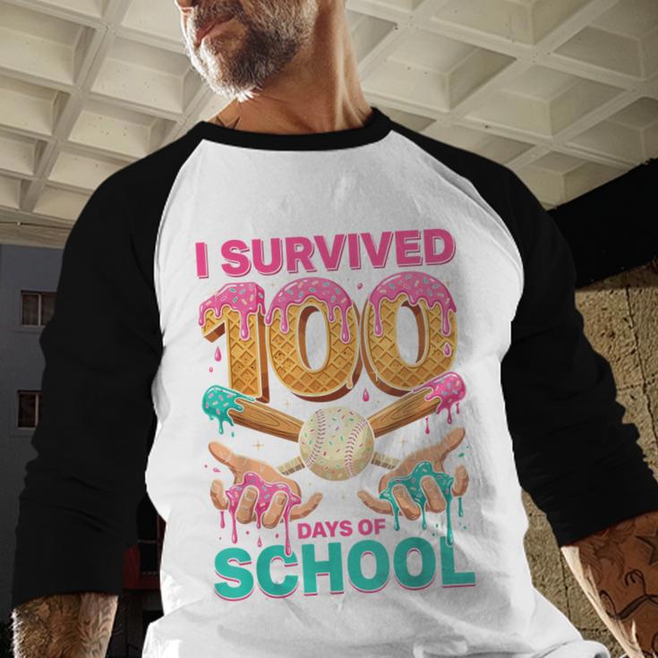 I Survived 100 Days Of School Baseball Ice Cream Drip Baseball Raglan Shirt I Survived 100 Days Of School Baseball Ice Cream Drip Baseball Raglan Shirt