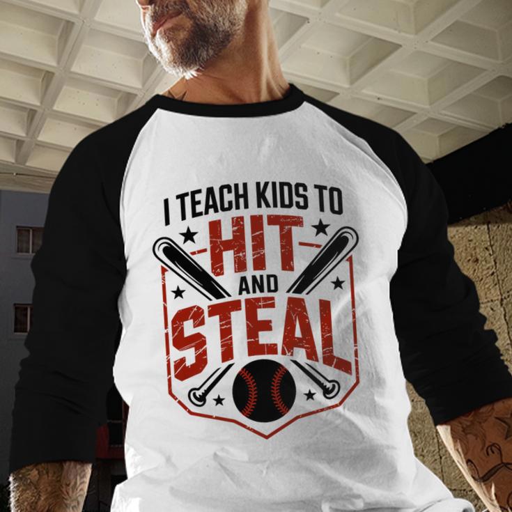 I Teach Kids To Hit And Steal Baseball Softball Coach Premium Tri-Blend Baseball Raglan Shirt