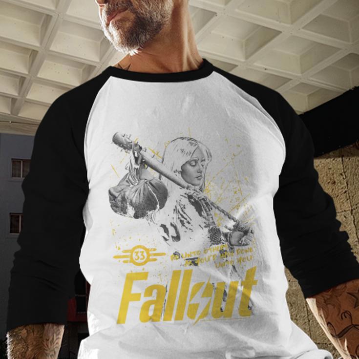 Women's Fallout TV Series Lucy Do Unto Others Baseball Bat Gamer Baseball Raglan Shirt Women's Fallout TV Series Lucy Do Unto Others Baseball Bat Gamer Baseball Raglan Shirt