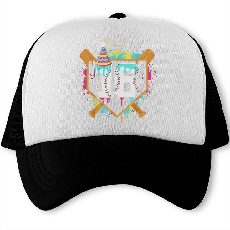 16th Birthday Baseball Drip Number 16 Year Old Birthday Boy Trucker Cap