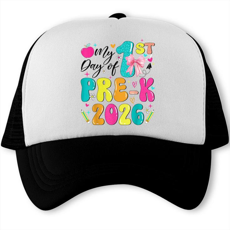 My 1st Day Of Pre-K 2026 Back To School Bow PreK Kids Girls Trucker Cap My 1st Day Of Pre-K 2026 Back To School Bow PreK Kids Girls Trucker Cap