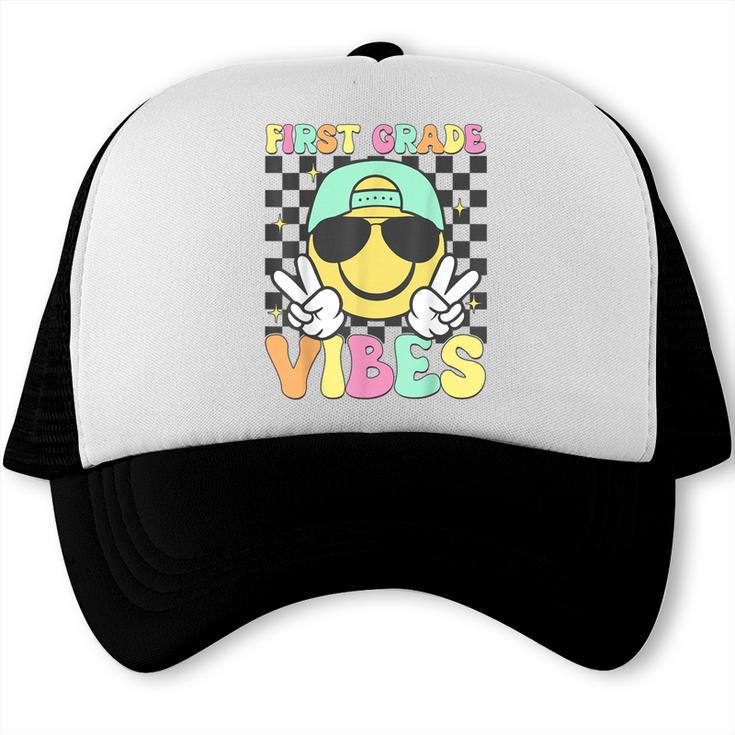 1st Grade Vibes Smile Face Back To School First Grade Trucker Cap