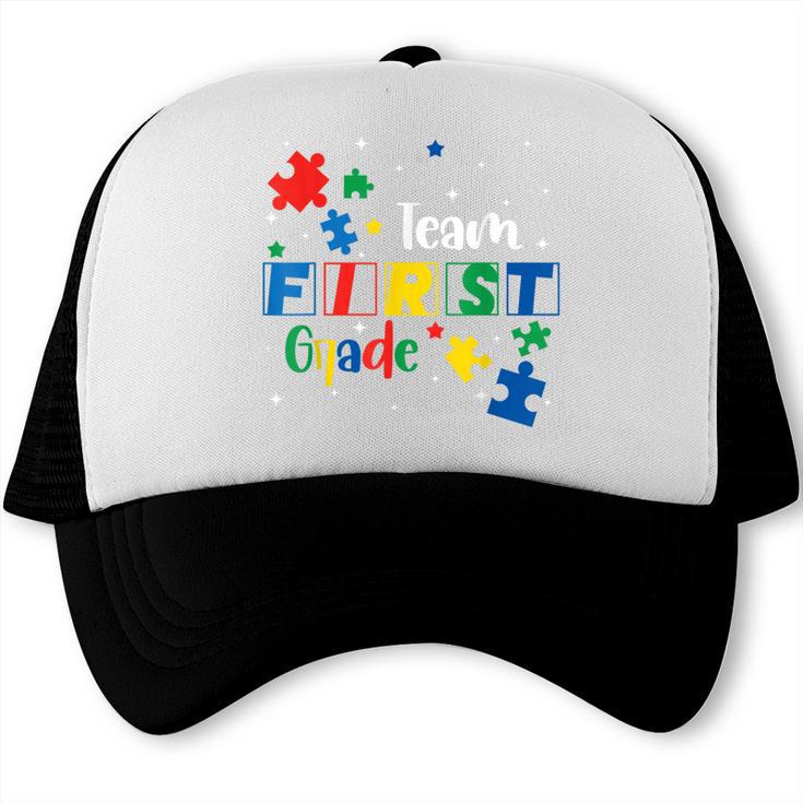 Back To School Autism Puzzle Pieces Autistic First Grade ASD Trucker Cap